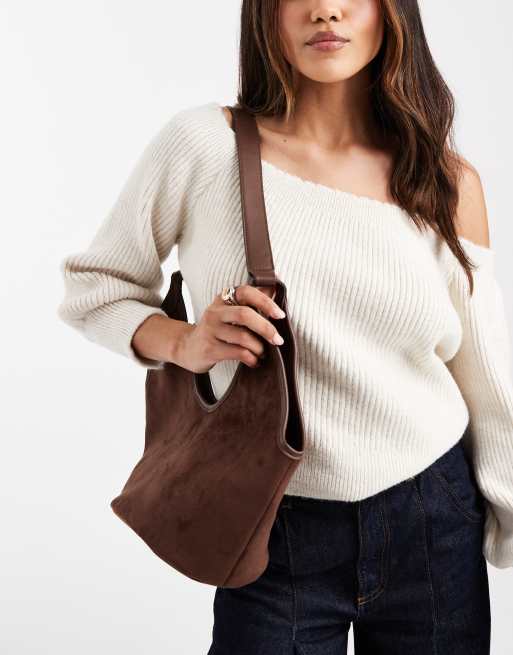 Glamorous faux suede structured shoulder bag in dark brown, 2 of 4