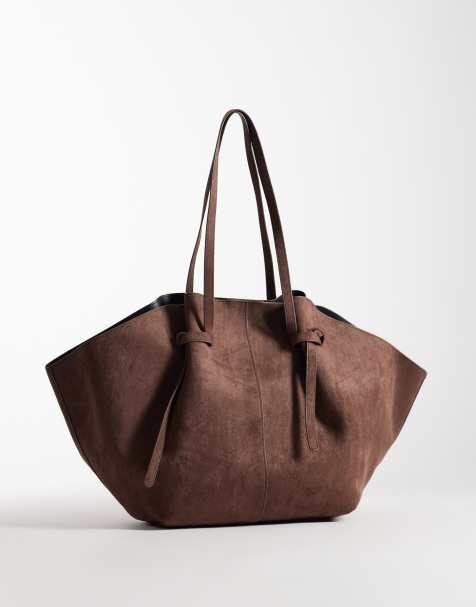Glamorous faux suede structured tote bag in dark brown - view 1