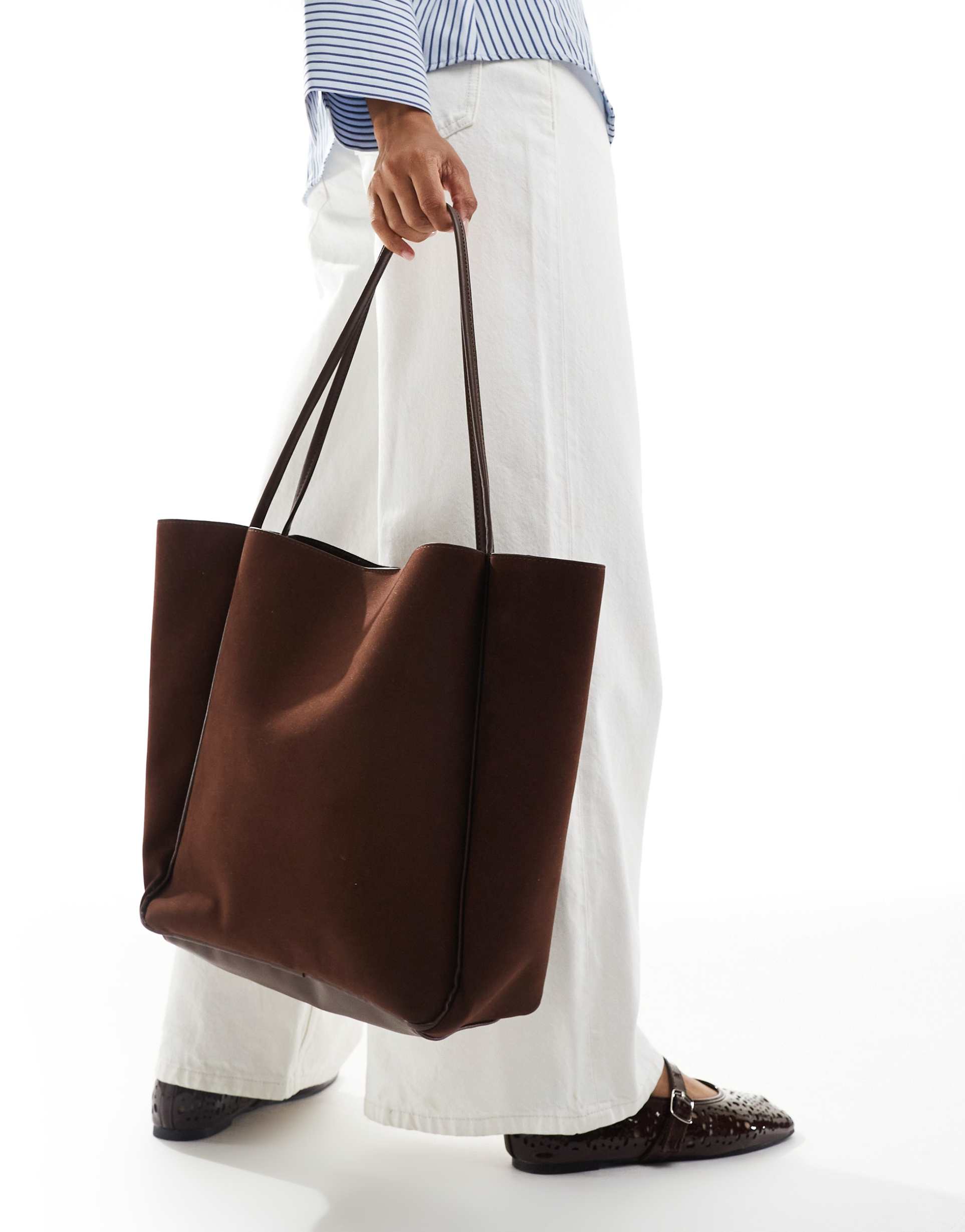 glamorous faux suede tote bag with piping detail in deep brown