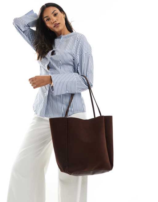 Glamorous faux suede tote bag with piping detail in deep brown