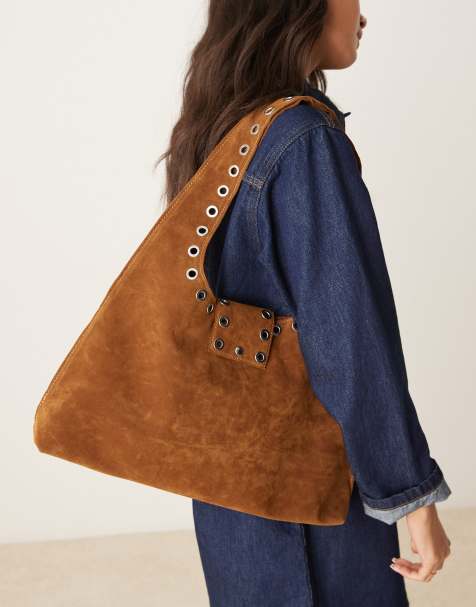 Glamorous faux suede winged tote bag with studding detail in beige - view 1