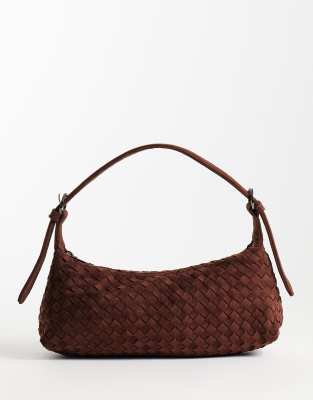 Glamorous faux suede woven mini shoulder bag in brown