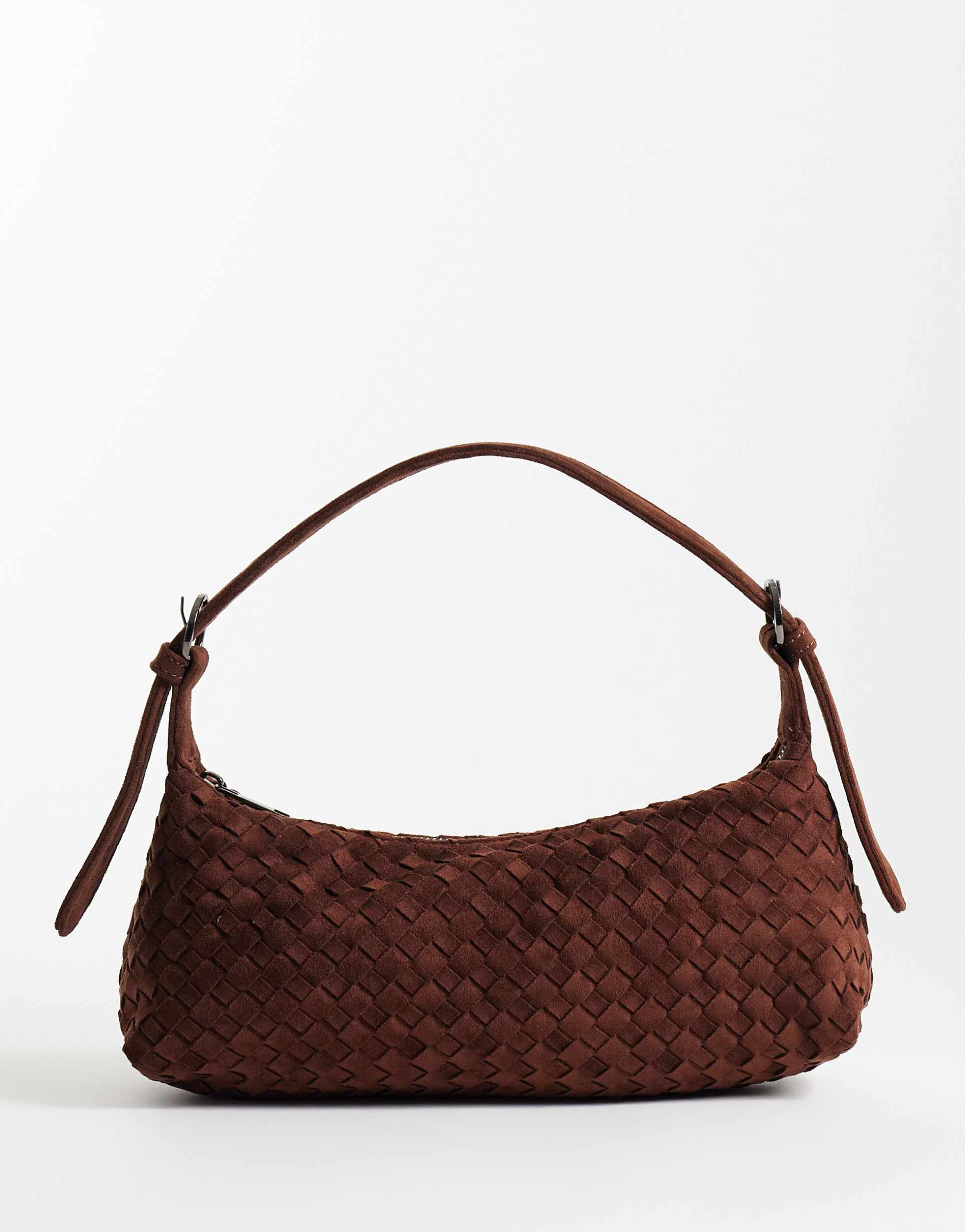 glamorous faux suede woven mini shoulder bag in brown