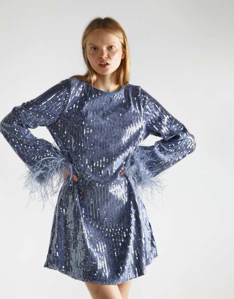 Glamorous Feather cuff mini-dress in blue sequin - view 1