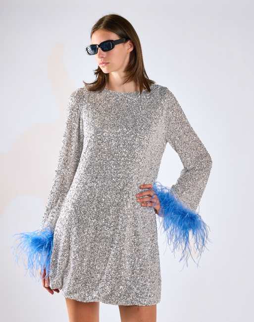 Glamorous Feather-cuff mini-dress in silver sequin blue, 2 of 4
