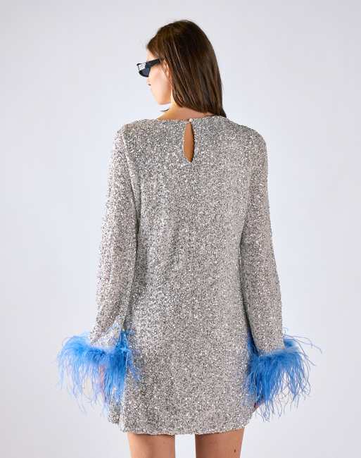 Glamorous Feather-cuff mini-dress in silver sequin blue, 3 of 4