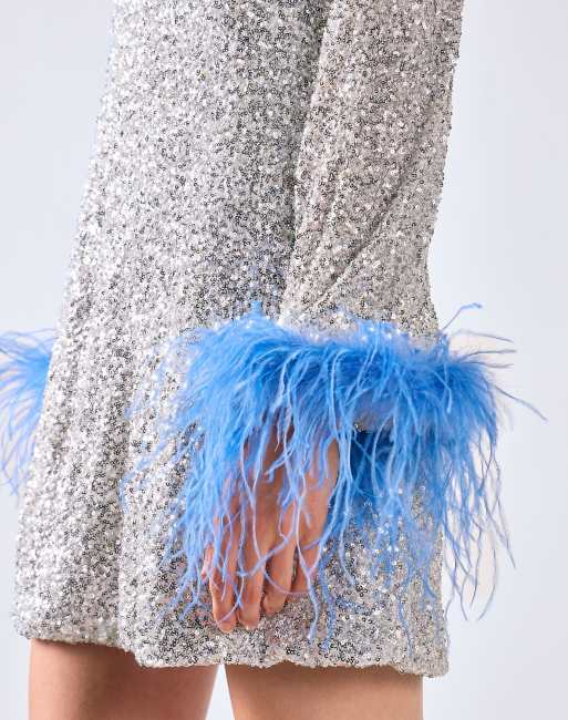 Glamorous Feather-cuff mini-dress in silver sequin blue, 4 of 4