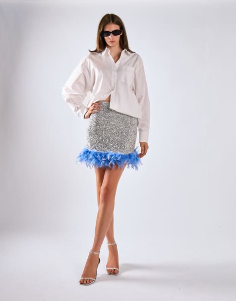 Glamorous Feather hem mini skirt in silver sequin blue