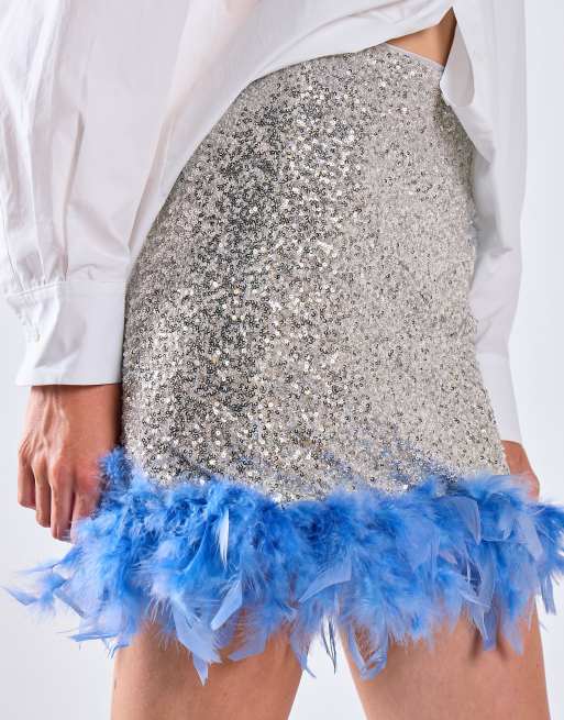Glamorous Feather hem mini skirt in silver sequin blue, 2 of 4
