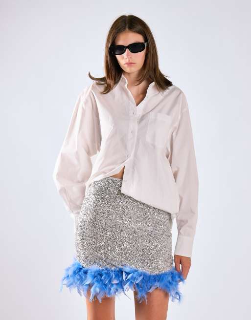 Glamorous Feather hem mini skirt in silver sequin blue, 3 of 4