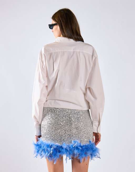 Glamorous Feather hem mini skirt in silver sequin blue, 4 of 4
