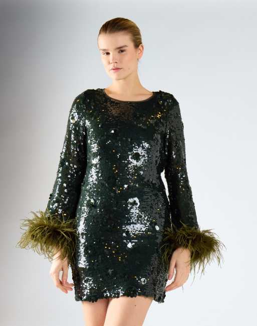 Glamorous Feather trim mini dress in khaki sequin, 2 of 4