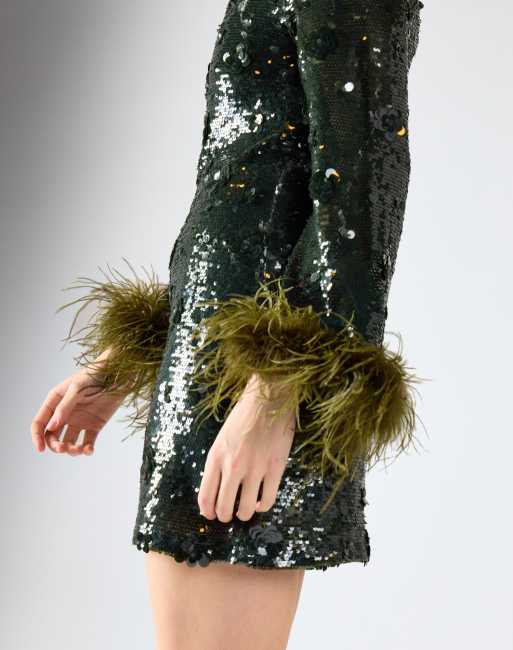 Glamorous Feather trim mini dress in khaki sequin, 3 of 4