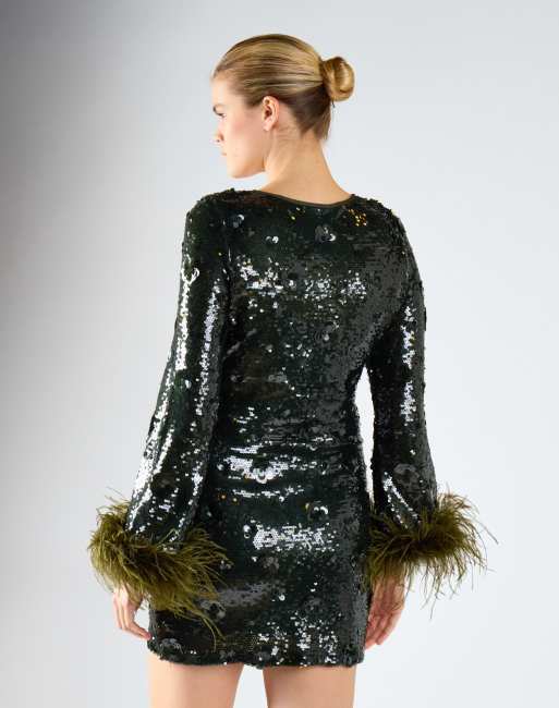 Glamorous Feather trim mini dress in khaki sequin, 4 of 4