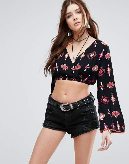 Glamorous Festival Long Sleeve Wrap Front Crop Top | ASOS