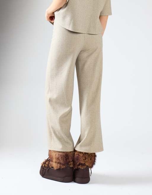 Glamorous Fine ribbed wide straight trousers in khaki marl, 4 of 4