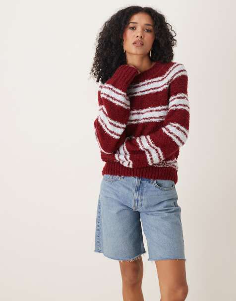 Glamorous fitted boxy knit jumper in blue and burgundy stripe - view 1