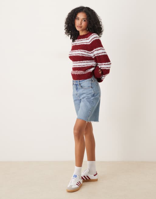 Glamorous fitted boxy knit jumper in blue and burgundy stripe, 2 of 4