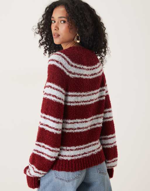 Glamorous fitted boxy knit sweater in blue and burgundy stripe, 4 of 4