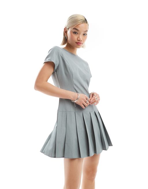 Glamorous fitted drop waist pleated mini dress in grey