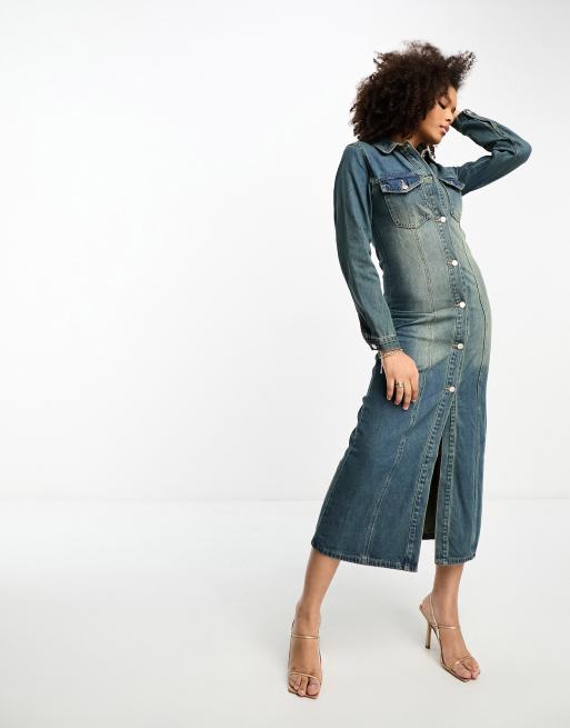 Glamorous fitted midi shirt dress in vintage wash denim