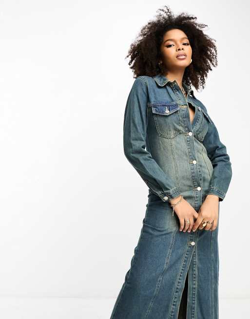 Glamorous fitted midi shirt dress in vintage wash denim