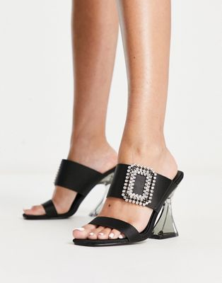 Glamorous flare heel sandal with embellished detail in black