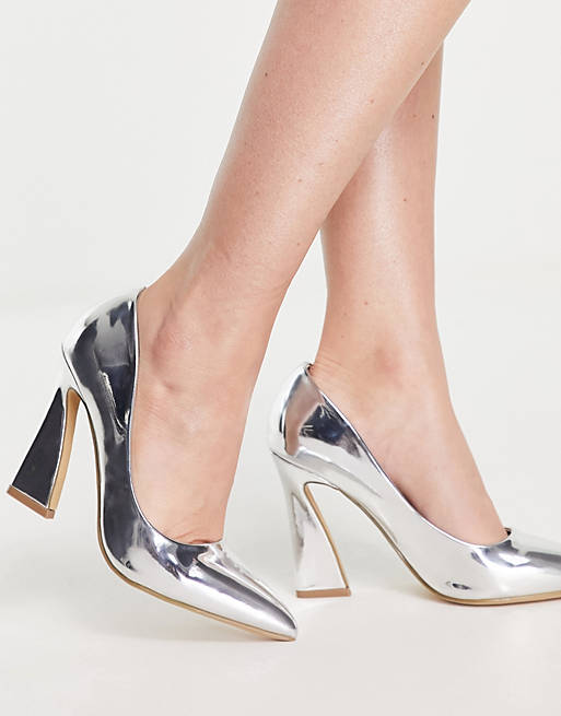 Shoes Heels/Glamorous flared heel shoe in silver 