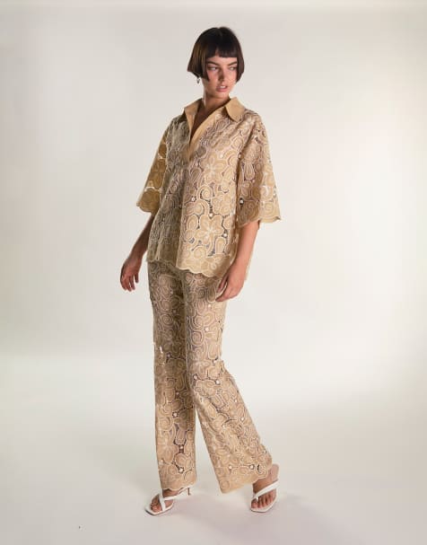 Glamorous Flared leg trousers in sand embroidered - view 1