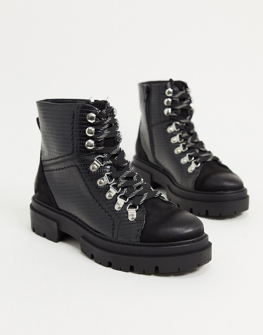 Glamorous Flat Hiker Boots In Black Croc Mix
