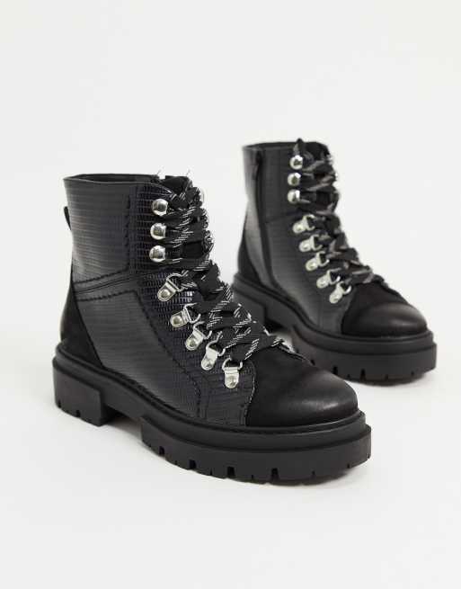 new look chunky lace up flat boots in black croc