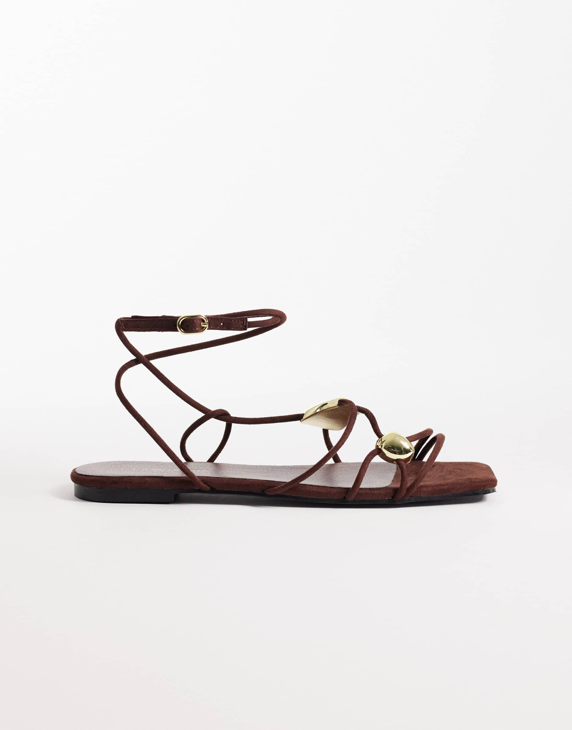glamorous flat sandals with molten detailing in brown suedette and gold
