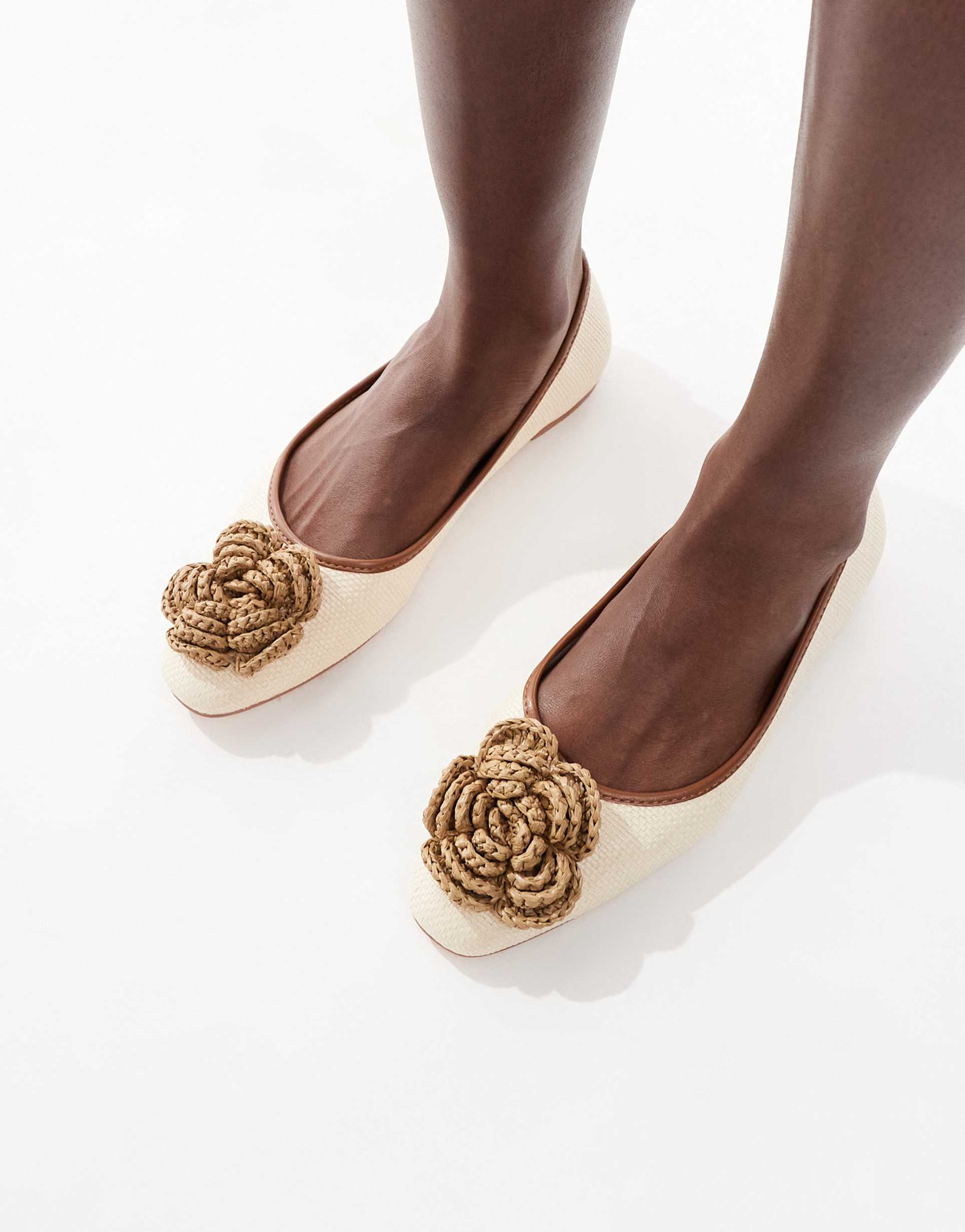 glamorous flat shoes with woven crochet flower in cream linen
