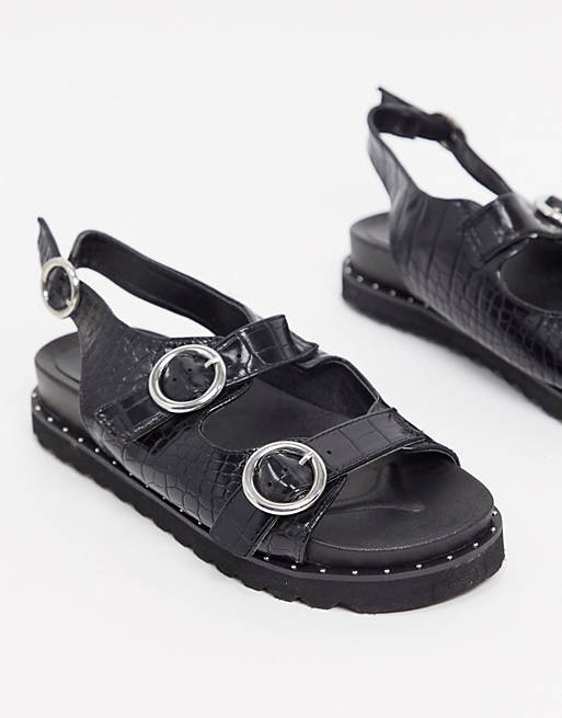 Glamorous flat sporty sandal in black mock croc