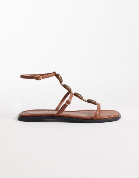 Glamorous flat tie leg sandals with beads in brown - view 1