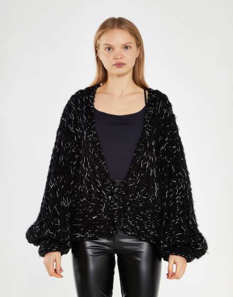 Glamorous Fleck cable-knit -cardigan in black silver fleck