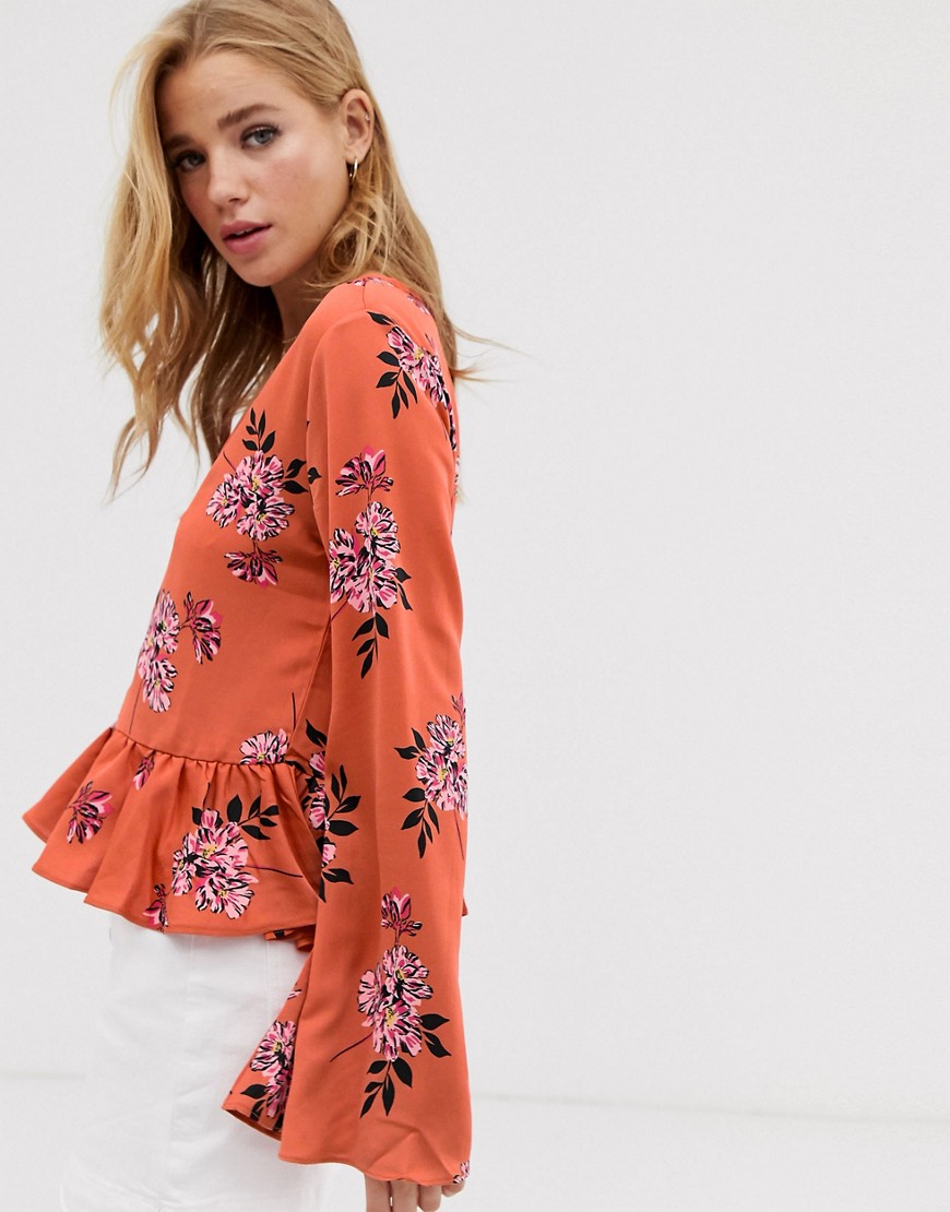 Glamorous floral blouse with frill hem-Multi