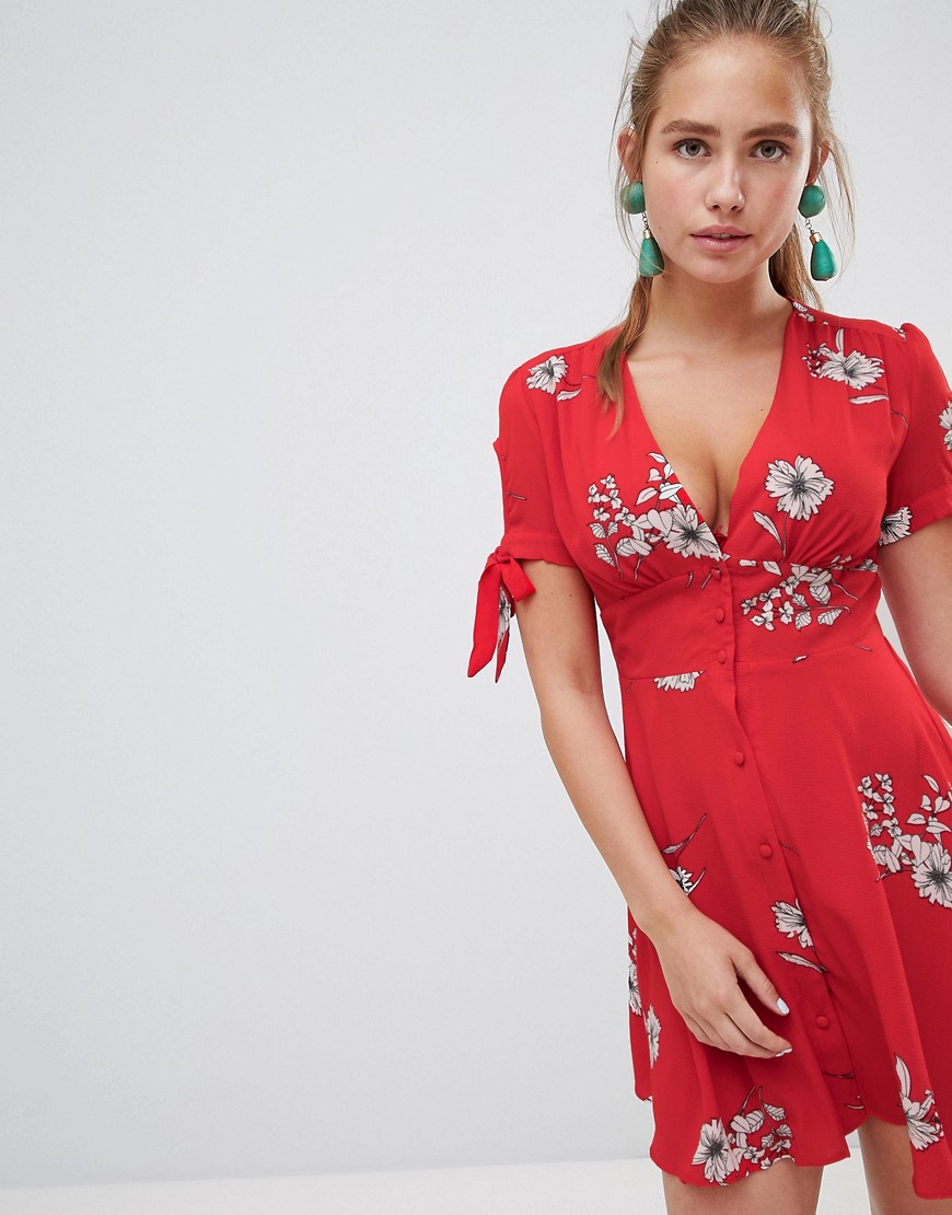 Glamorous Floral Button Through Tea Dress-red