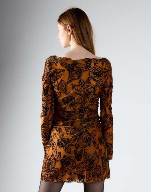 Glamorous Floral mesh mini dress in rust rose mesh, 3 of 4
