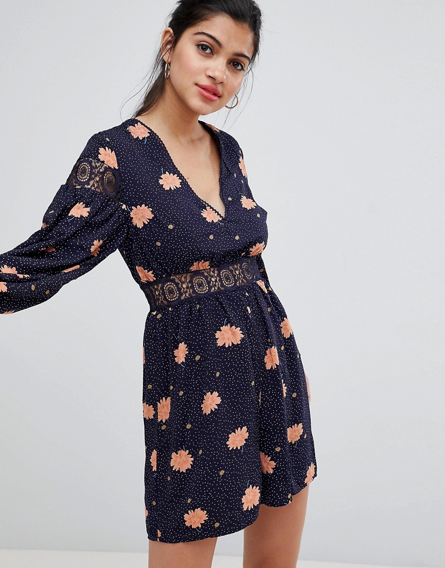 Glamorous floral playsuit with lace cut out detail-Navy