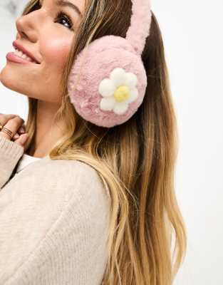 Glamorous Glamorous flower print faux fur ear muffs in pink