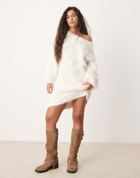 Glamorous fluffy argyle cream knit mini sweater dress - view 1