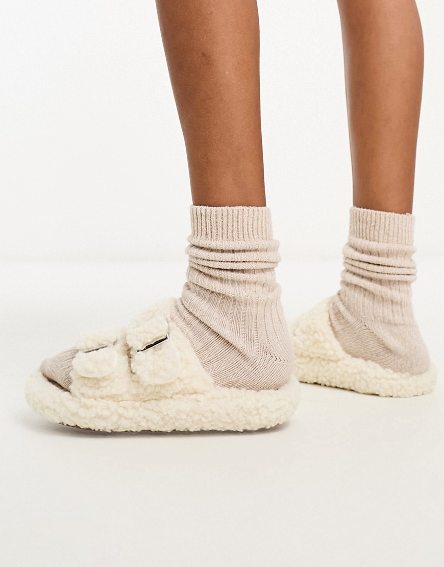 fluffy buckle slippers in cream-White