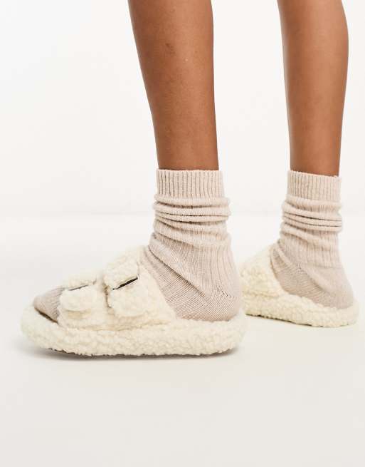 Glamorous fluffy buckle slippers in cream ASOS