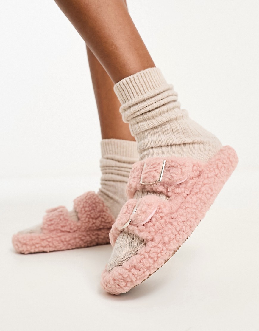 Glamorous Fluffy Buckle Slippers In Pink
