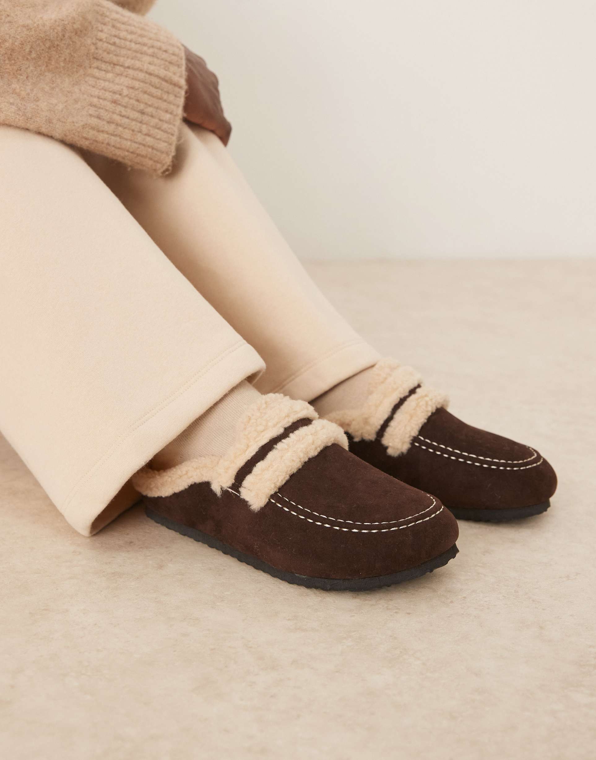 glamorous fluffy slip on mules in expresso