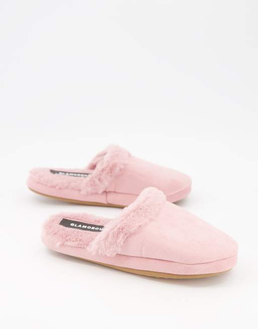 Glamorous fluffy slippers in pale pink | ASOS