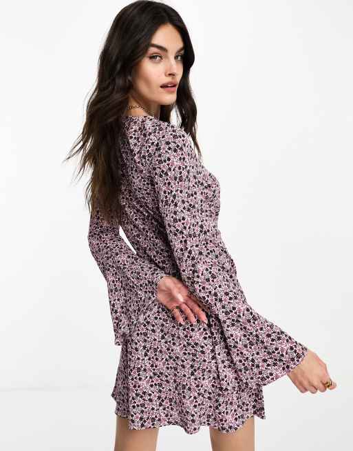 Glamorous fluted sleeve shift dress in purple brown floral