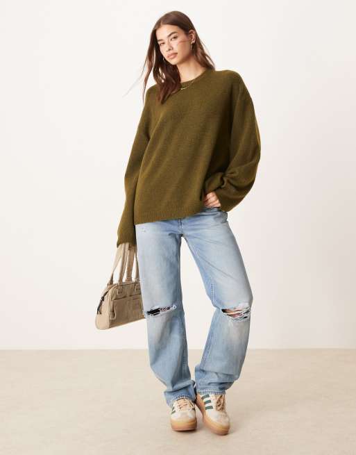 Glamorous fluted sleeve sweater in khaki green, 3 of 4