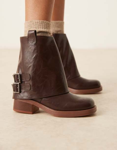 Glamorous fold over low ankle boots in brown - view 1
